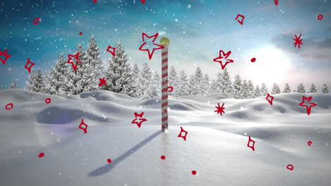 Animated North Pole with Falling Snowflakes and Festive Designs