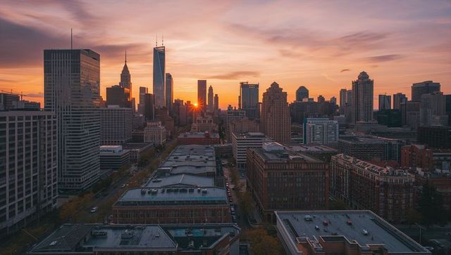Sunburst sunset over modern downtown skyline showing rooftop hvac and glass towers