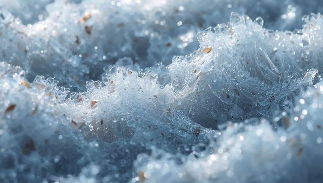 Needle ice rising with hoarfrost crystals and dewdrops on mossy forest floor