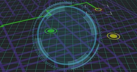 Futuristic hud navigation interface with holographic grid, telemetry rings and neon trajectory