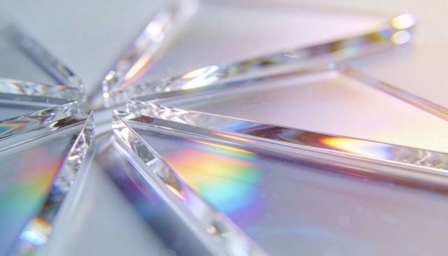 Iridescent crystal prism radial composition refracting rainbow light with faceted geometry