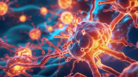 Close-up View of Viruses with Spike Proteins in Blue Filament Environment