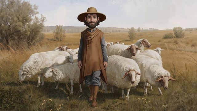 Shepherd guiding flock through golden meadow wearing wide-brimmed hat and brown cloak