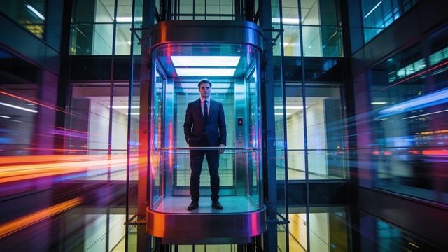 Businessman standing in glass elevator with neon light streaks and modern office atrium