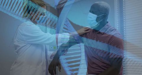 Doctor consults patient with dna technology overlay in clinic