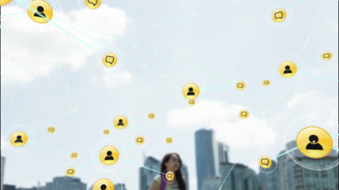 Networking Icons Overlaying Modern Cityscape Background