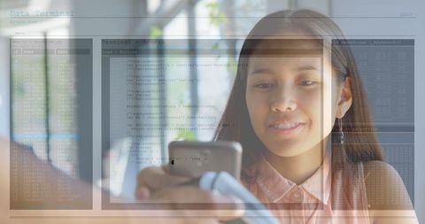 Woman Engaging with Smartphone Over digital User Interface Display