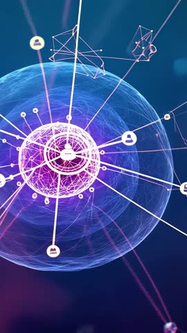 Vertical video showing wireframe sphere forming holographic data network connecting glowing nodes