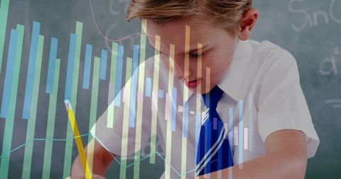 Young student analyzing data in classroom with chalkboard and digital graphics
