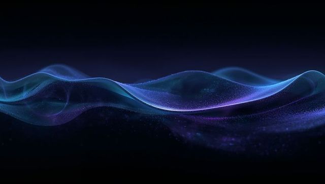 Luminescent Blue Purple Neon Wave Ribbons Flowing Across Dark Gradient with Particles