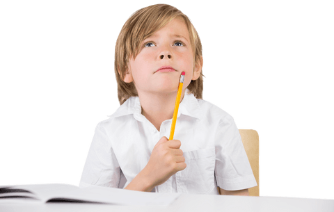 Thoughtful schoolboy with pencil on transparent background