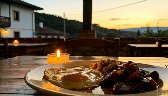 Savoring sunset dinner on rustic patio with fried egg, sautéed beef and candlelight