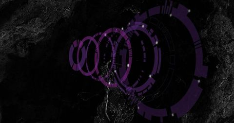 Futuristic purple hud rings over nighttime satellite city lights and dark terrain