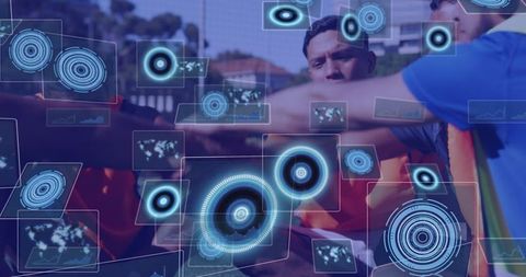 Athletes Teamwork Amidst Digital Interface Graphics
