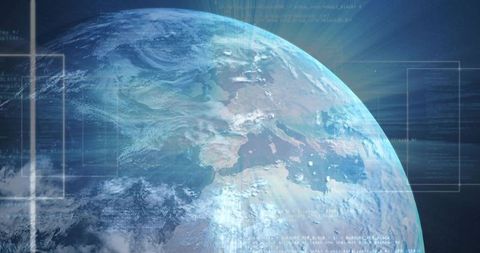 Sunlit Earth from Low Orbit with HUD Overlays, Telemetry and Data Visualization