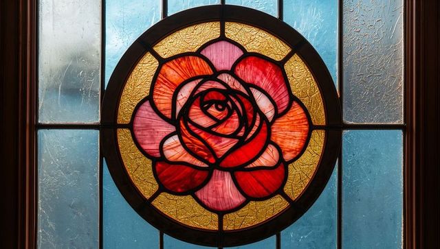 Circular rose stained glass window in chapel