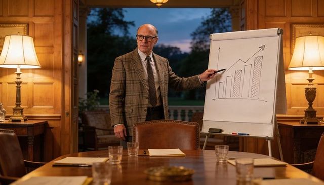 Presenting senior executive in plaid jacket pointing at flip chart with growth graph