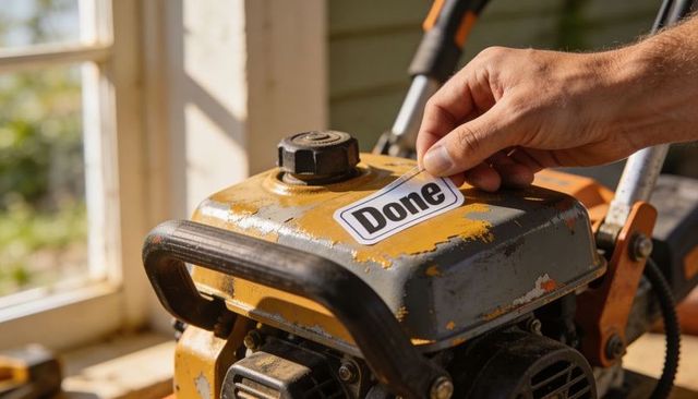 Male hand applying 'done' sticker on worn lawn engine housing closeup