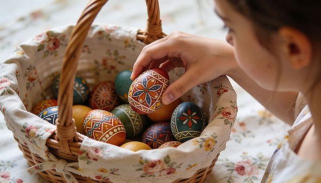 Child selecting hand-painted pysanky eggs in floral-lined wicker basket, cozy sunlit moment
