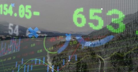Stock Market Data Overlay on Scenic Mountain Lake View