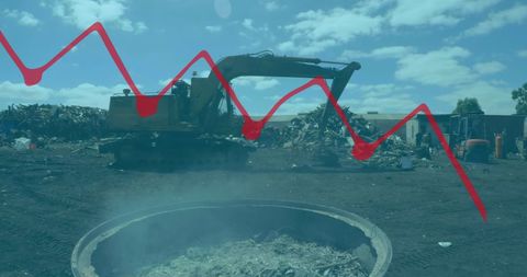 Machinery in junkyard with declining stock graph overlay