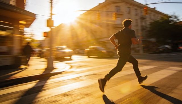 Urban runner sprinting across sunlit crosswalk at golden hour with motion blur, city
