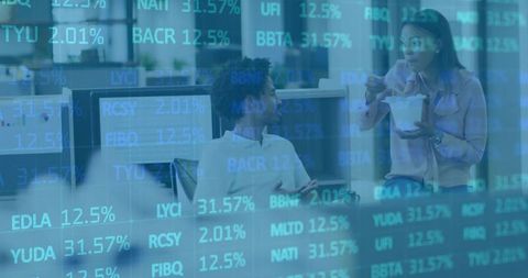 Team Collaboration with Stock Market Data Overlay at Modern Office