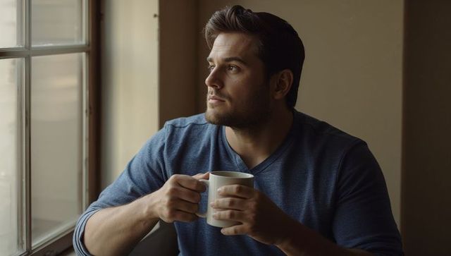 Contemplative man holding coffee mug gazing out window in cozy morning nook