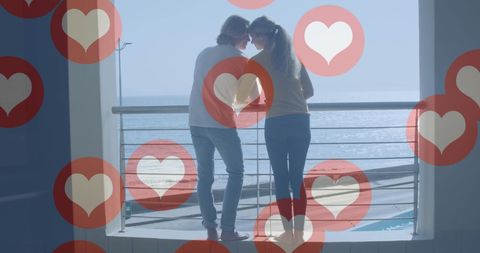 Romantic Couple on Balcony with Social Media Heart Icons
