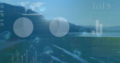 Data Visualization Overlay on Serene Lakeside Landscape