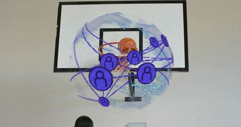 Basketball Hoop Showing Ball Lodged in Rim and Futuristic Violet Neon Data Sphere