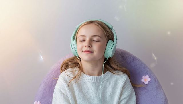 Tween girl listening with mint headphones in soft pastel cozy nook serene relaxed portrait