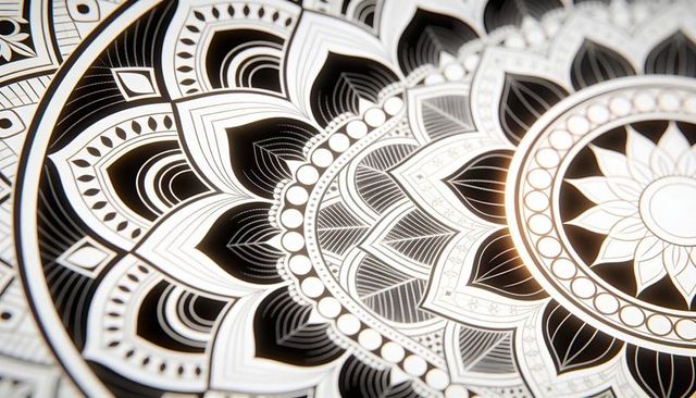 Intricate monochrome mandala pattern revealing floral petal rings with warm highlight