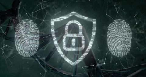 Glowing Cybersecurity Shield with Padlock and Fingerprints Representing Biometric Authentication