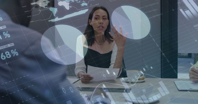 Businesswoman Reviewing Documents in Conference Room with Financial Data Overlay - Download Free Stock Images Pikwizard.com