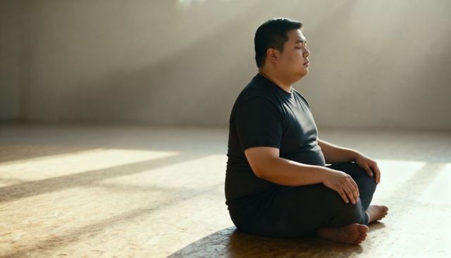 Serene asian man meditating cross-legged on wooden floor in sunlit minimal studio