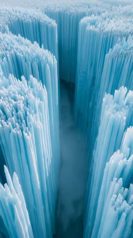 High-Angle Drone Descending Through Ice Canyon with Vertical Blue Pillars and Arctic Mist