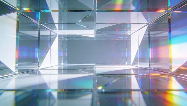 Prismatic glass tunnel of rectangular prism modules showing symmetric geometric refractions