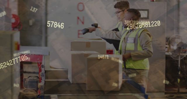 Warehouse workers using scanner to manage inventory while processing packages. Worker in safety vest scanning packages on conveyor belt suggests modern technology for efficient logistics and shipping operations management. Ideal for use in articles, presentations or advertising materials regarding warehouse operations, logistics, supply chain, and inventory management topics.