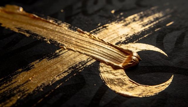 Shimmering gold x brushstroke and crescent motif on dark textured surface