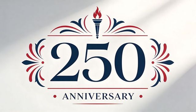 Elegant 250th anniversary emblem with torch and ornamental flourish in navy crimson