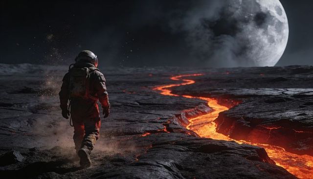 Solitary astronaut walking across volcanic lunar surface toward glowing lava river under full moon