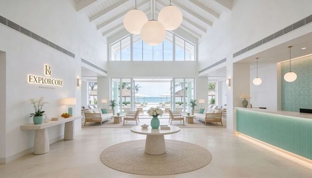 Sunlit coastal resort lobby with central pedestal table and turquoise vase overlooking ocean
