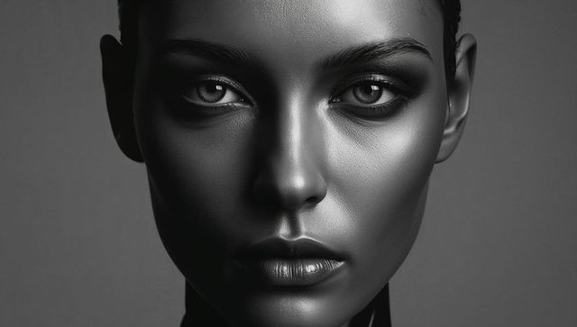 Monochrome high-contrast closeup portrait showing dramatic makeup and sculpted lighting