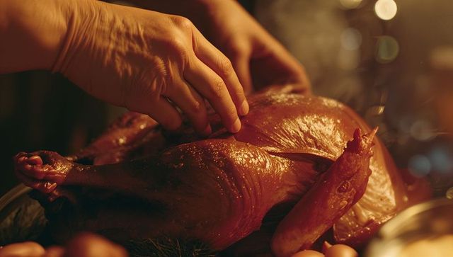 Chef Seasoning Whole Roasted Turkey in Cozy Kitchen Ambiance