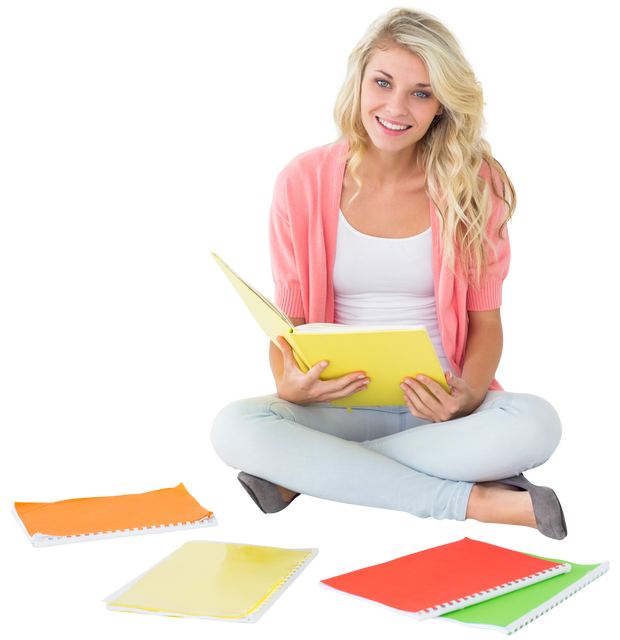 Caucasian Woman Reading with Notebooks on Transparent Background - Download Free Stock Videos Pikwizard.com