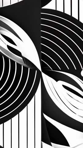 Rotating arcs and tilting leaf creating hypnotic monochrome optical illusion vertical loop