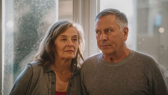 Pensive senior couple standing by rain-speckled window gazing, intimate home moment