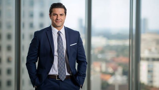 Confident Male Executive Standing in Navy Suit with City View for Corporate Use