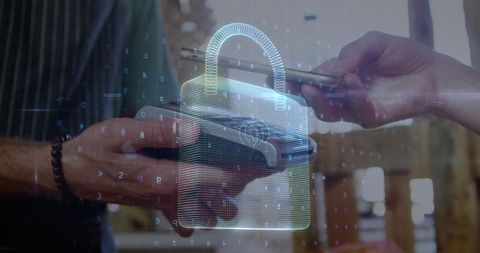 Holographic padlock over contactless terminal showing secure mobile transaction